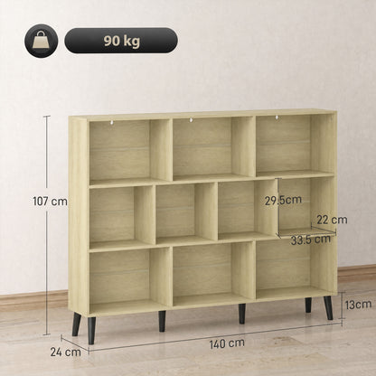 HOMCOM 10-Cube Bookcase, 3-Tier Book Shelf with Solid Wood Legs, 140 cm Modern Bookshelf with Anti-Tip Kit, Oak
