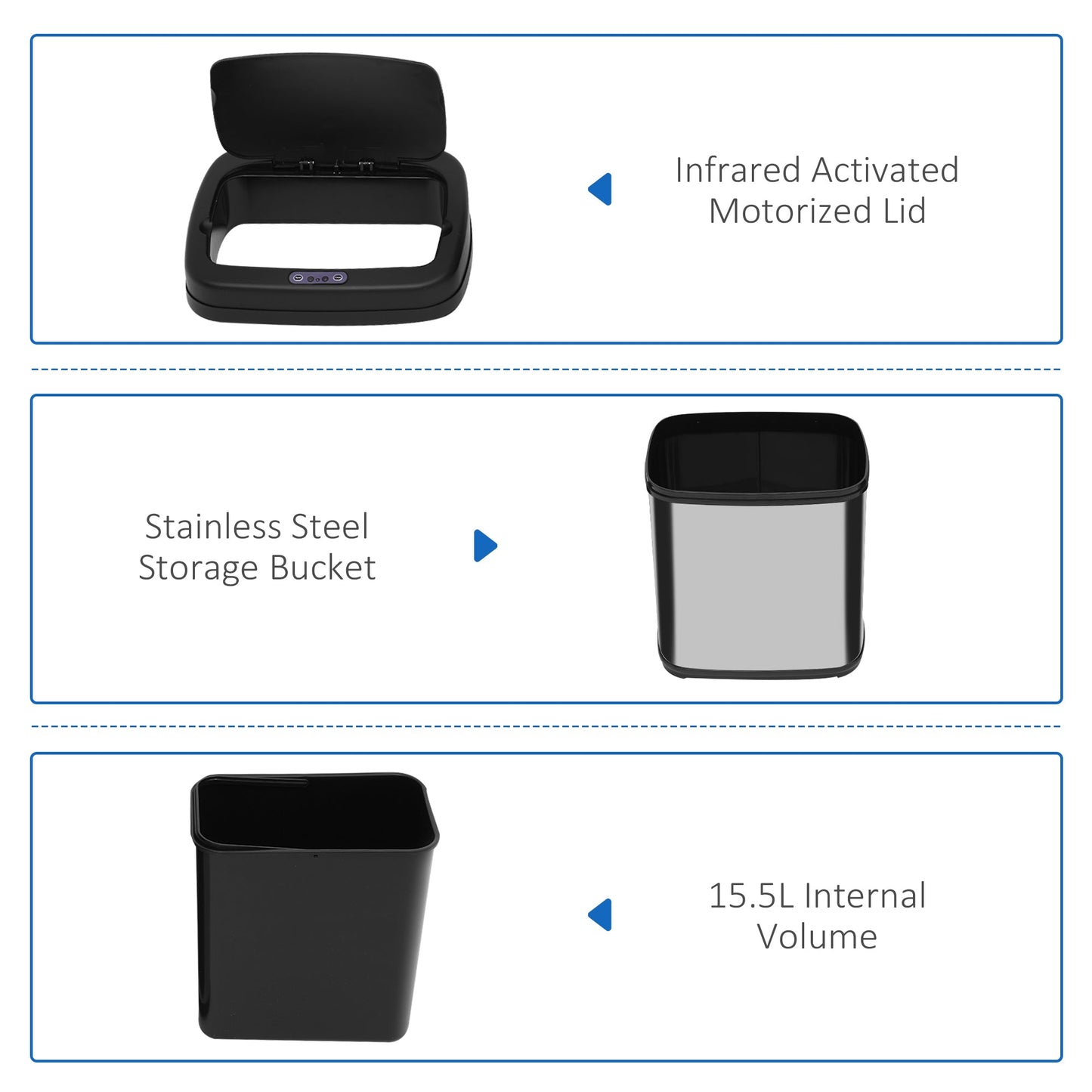 HOMCOM 20L LUXURY Automatic Sensor Dustbin Kitchen Waste Bin Rubbish Trashcan Auto Dustbin Stainless Steel with Bucket 33*25*42.5CM