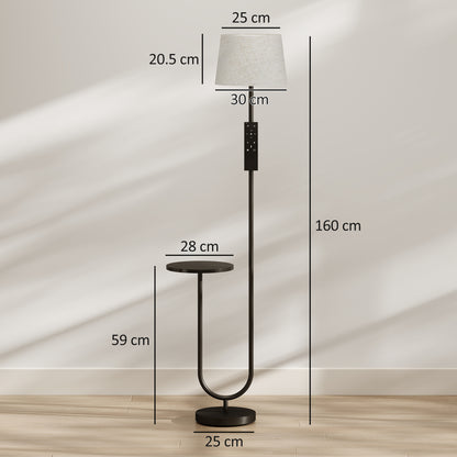 HOMCOM Modern Floor Lamp with Shelf, Dimmable Floor Lamp with Linen Shade, RF Remote and Foot Switch for Living Room, Black