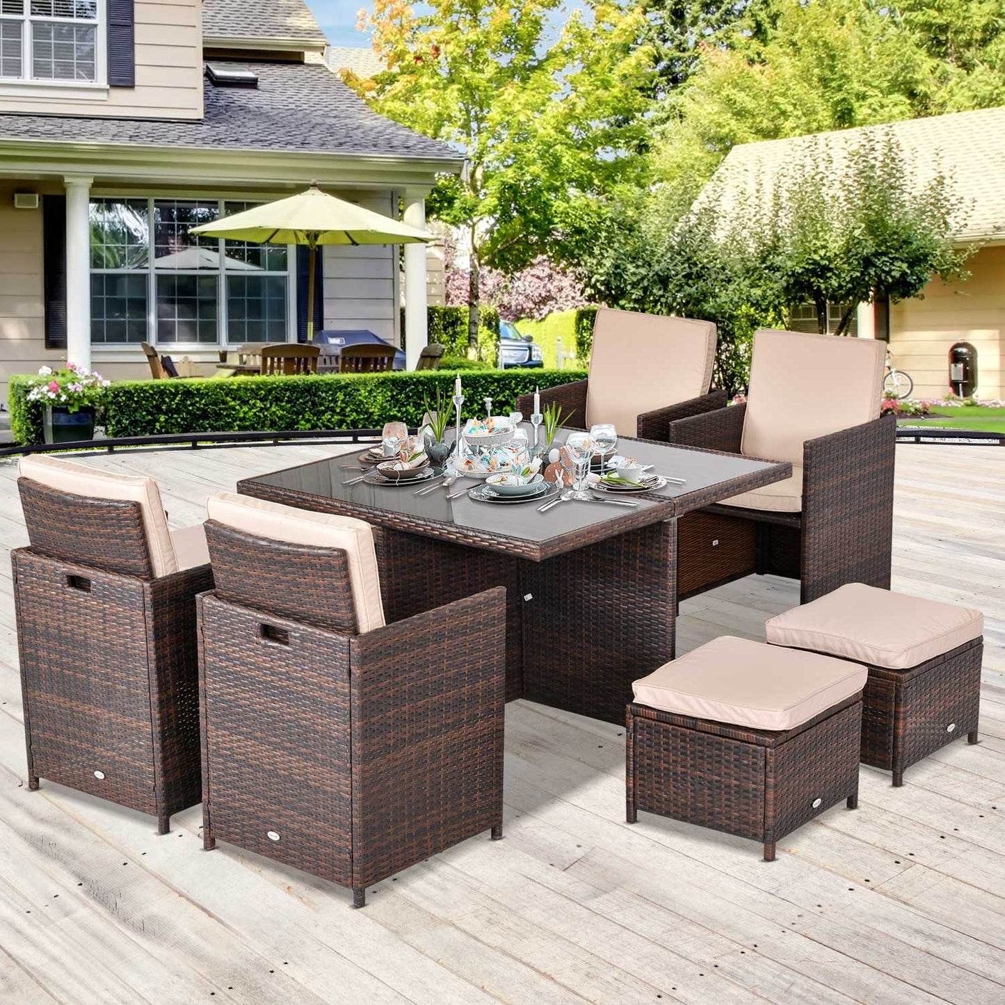 Outsunny 8 Seater Rattan Cube Garden Furniture Set, Rattan Dining Set with Cushions, Outdoor Dining Table and Chairs with 4 Armchairs, 4 Stools, Square Glass Top Table for Patio, Balcony, Brown