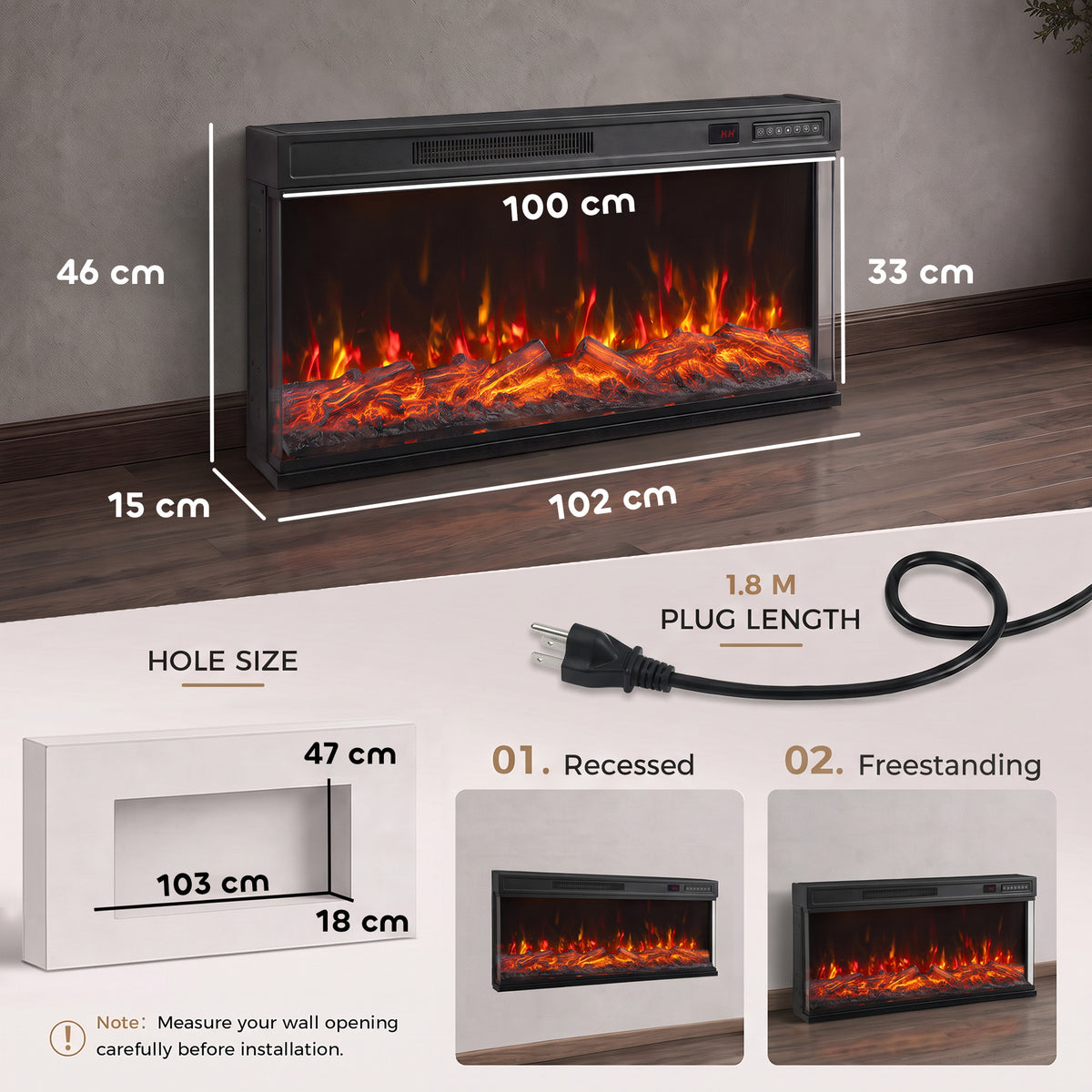 HOMCOM 40" Electric Fireplace Insert, 3-Sided Freestanding/Wall Recessed Electric Fire Heater with Adjustable Flame, 1800W