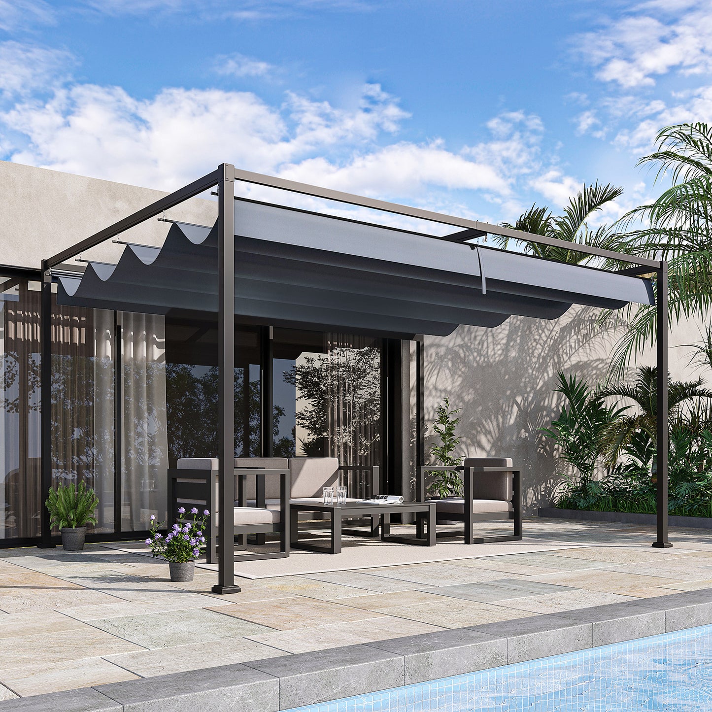 Pergola ogrodowa Outsunny 4 x 3(m) z metalu z rozsuwanym dachem, zadaszenie altany ogrodowej z otworami drenażowymi do ogrodu, na patio, trawnik, kolor szary