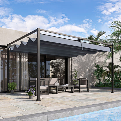 Pergola ogrodowa Outsunny 4 x 3(m) z metalu z rozsuwanym dachem, zadaszenie altany ogrodowej z otworami drenażowymi do ogrodu, na patio, trawnik, kolor szary