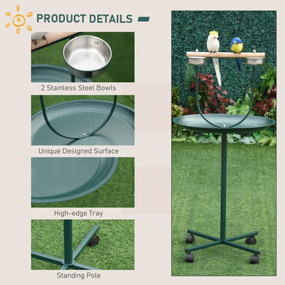 PawHut Bird Perch Stand with Four Wheels, Feeding Bowls, for Small, Medium Birds, Green