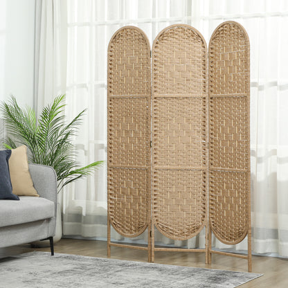 HOMCOM Indoor Oval 3-Panel Room Divider 120 x 170 cm Folding Lightweight Woven Partition, Natural Wood