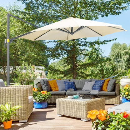 Outsunny 3 x 3(m) Parasol wysięgnikowy z podstawą krzyżową, parasol ogrodowy z obrotem 360√Ç¬∞, korbą i pochyleniem do użytku na zewnątrz, na patio, kremowo-biały