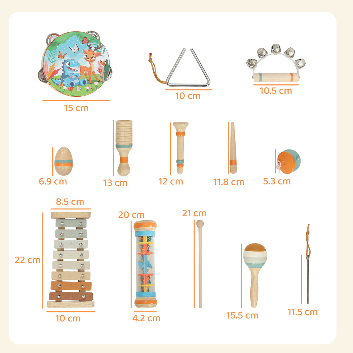 AIYAPLAY Kids Drum Kit, 14 Pieces Wooden Kids Musical Instruments Set with Tone Block, Maracas, Triangle, Xylophone for Toddlers