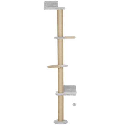 PawHut Wall Mounted Cat Shelves, Cat Climbing Wall with 4 Climbing Platforms, Jute Scratching Post and Toy Ball,180cm Tall, Light Grey