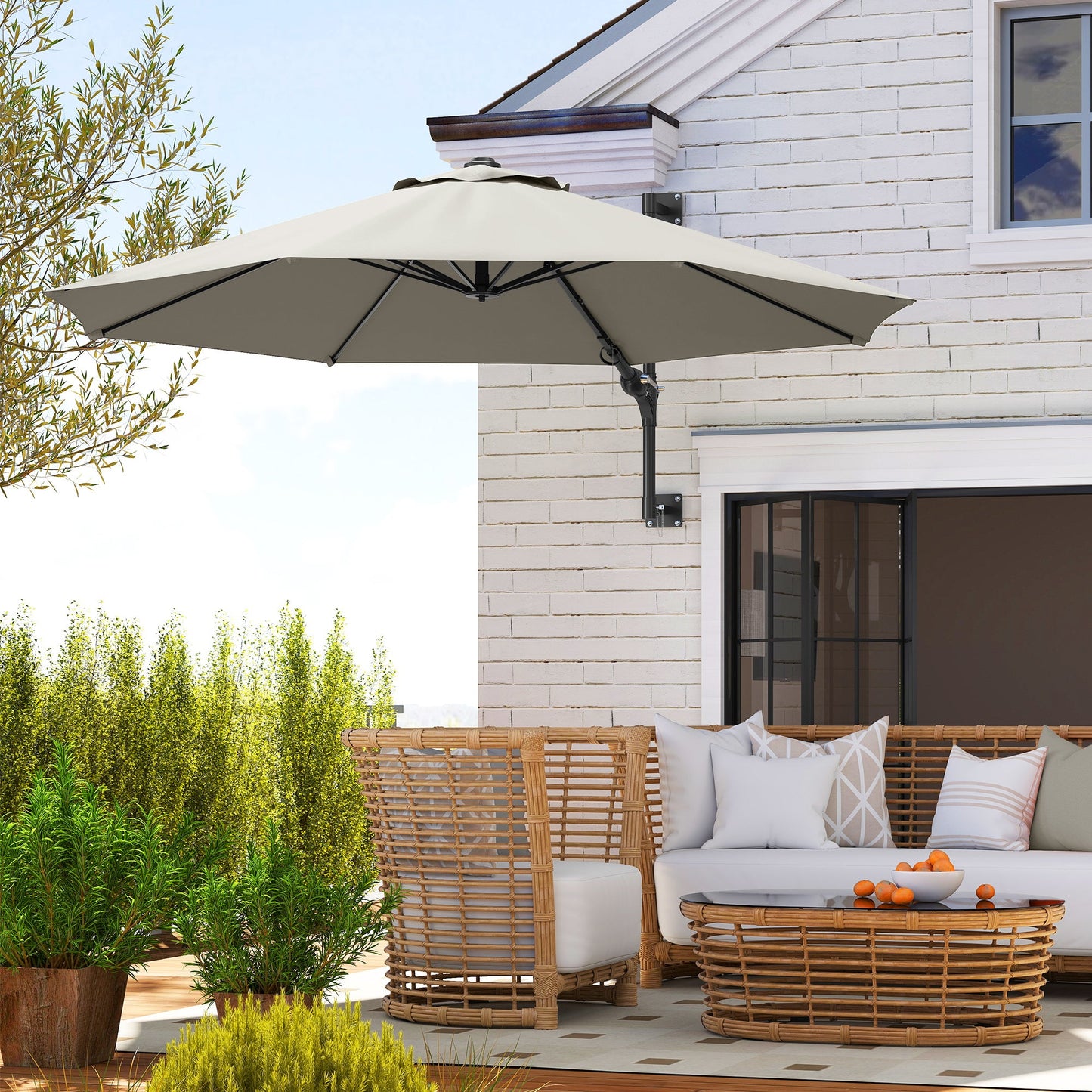 Outsunny 3(m) Wall-Mounted Parasol Shade, with Handle - Light Grey