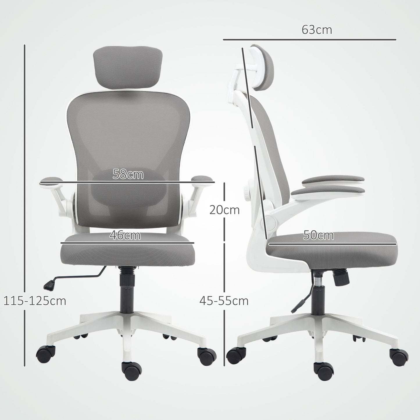 Fotel biurowy HOMCOM Executive, ergonomiczny fotel biurowy z wysokim oparciem i siatką, podnoszonymi podłokietnikami, obrotowym zagłówkiem, regulowanym podparciem lędźwiowym, obrotowy fotel komputerowy do nauki w domu, szary