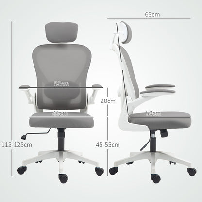 Fotel biurowy HOMCOM Executive, ergonomiczny fotel biurowy z wysokim oparciem i siatką, podnoszonymi podłokietnikami, obrotowym zagłówkiem, regulowanym podparciem lędźwiowym, obrotowy fotel komputerowy do nauki w domu, szary
