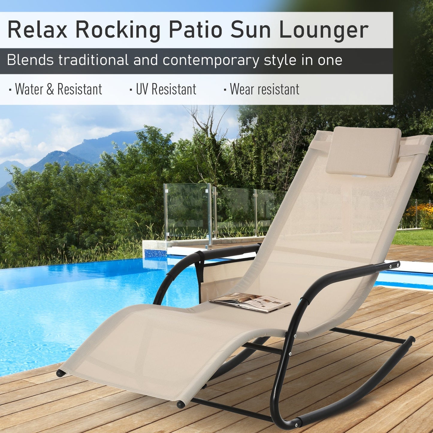 2 Piece Outdoor Garden Rocking Chair Patio Sun Lounger Rocker, Breathable Mesh Fabric, Removable Headrest Pillow, Armrest, Side Bag - Cream White