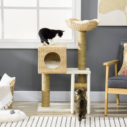 PawHut Cat Tree, with Scratching Posts, Bed, Cat House - Natural Finish