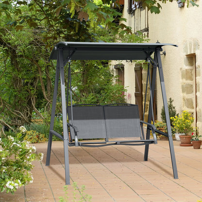 Outsunny 2 Seater Garden Swing Seat Swing Chair, Outdoor Canopy Swing Bench with Adjustable Shade, Metal Frame and Texteline Seat, Dark Grey