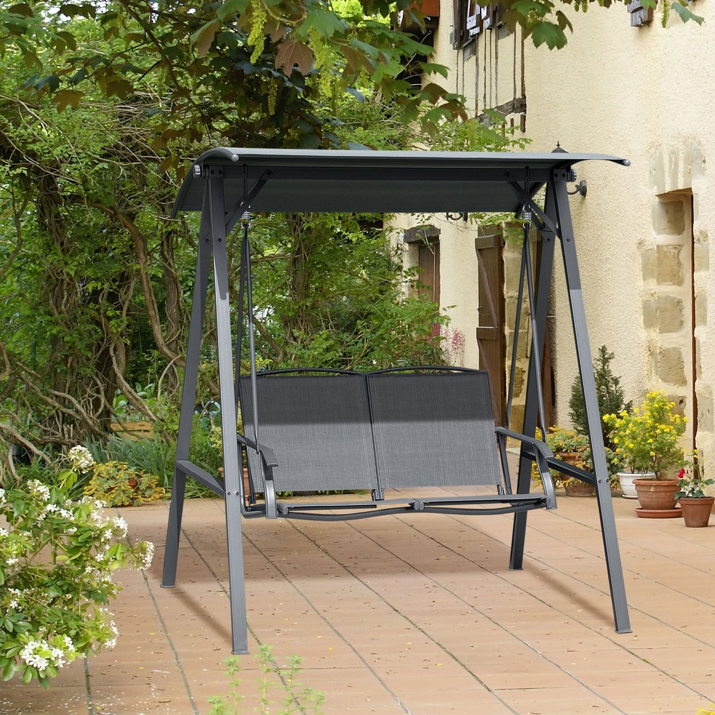 Outsunny 2 Seater Garden Swing Seat Swing Chair, Outdoor Canopy Swing Bench with Adjustable Shade, Metal Frame and Texteline Seat, Dark Grey