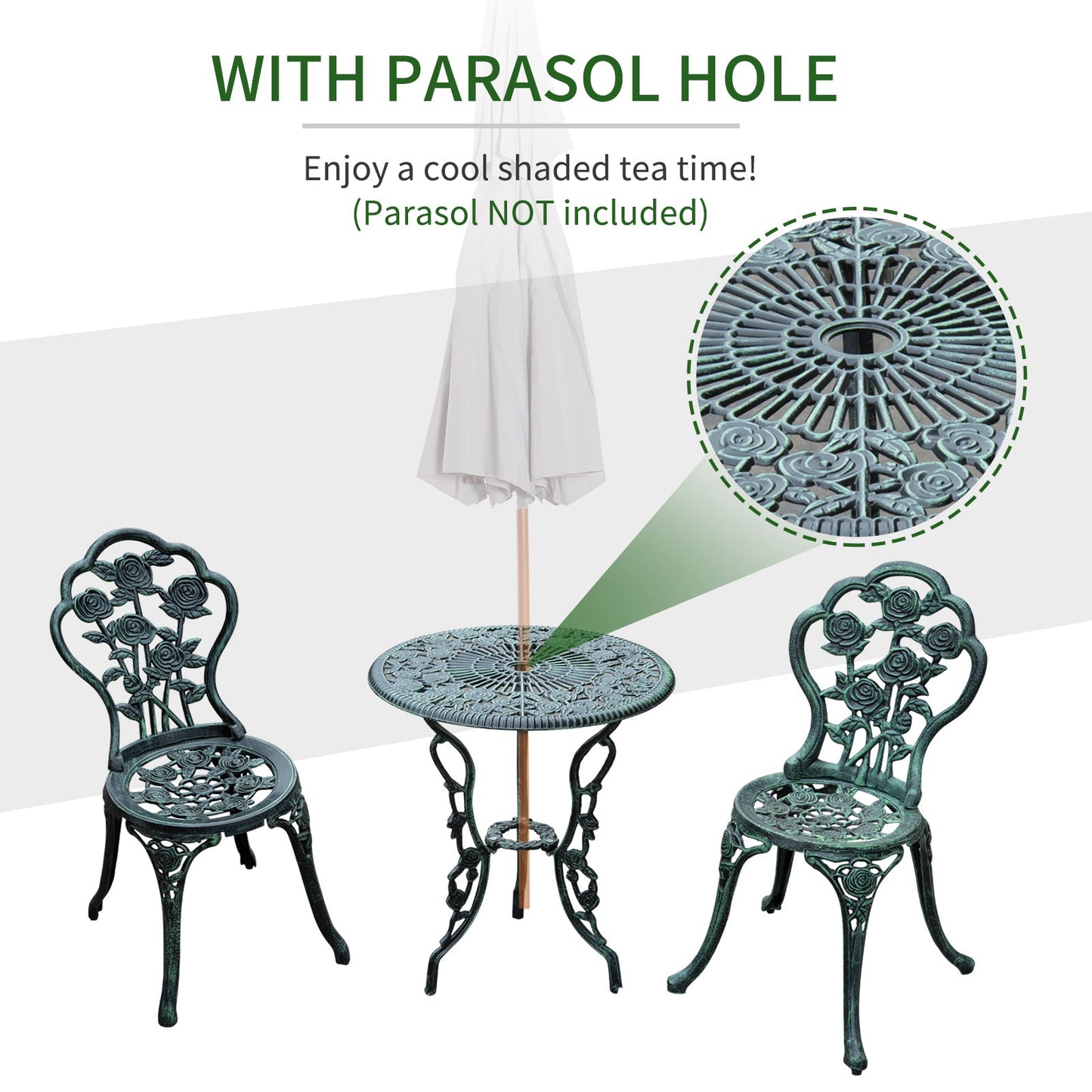 Outsunny Odlew aluminiowy Zestaw krzeseł ogrodowych na patio i do bistro Elegancki design - zielony (3 sztuki)