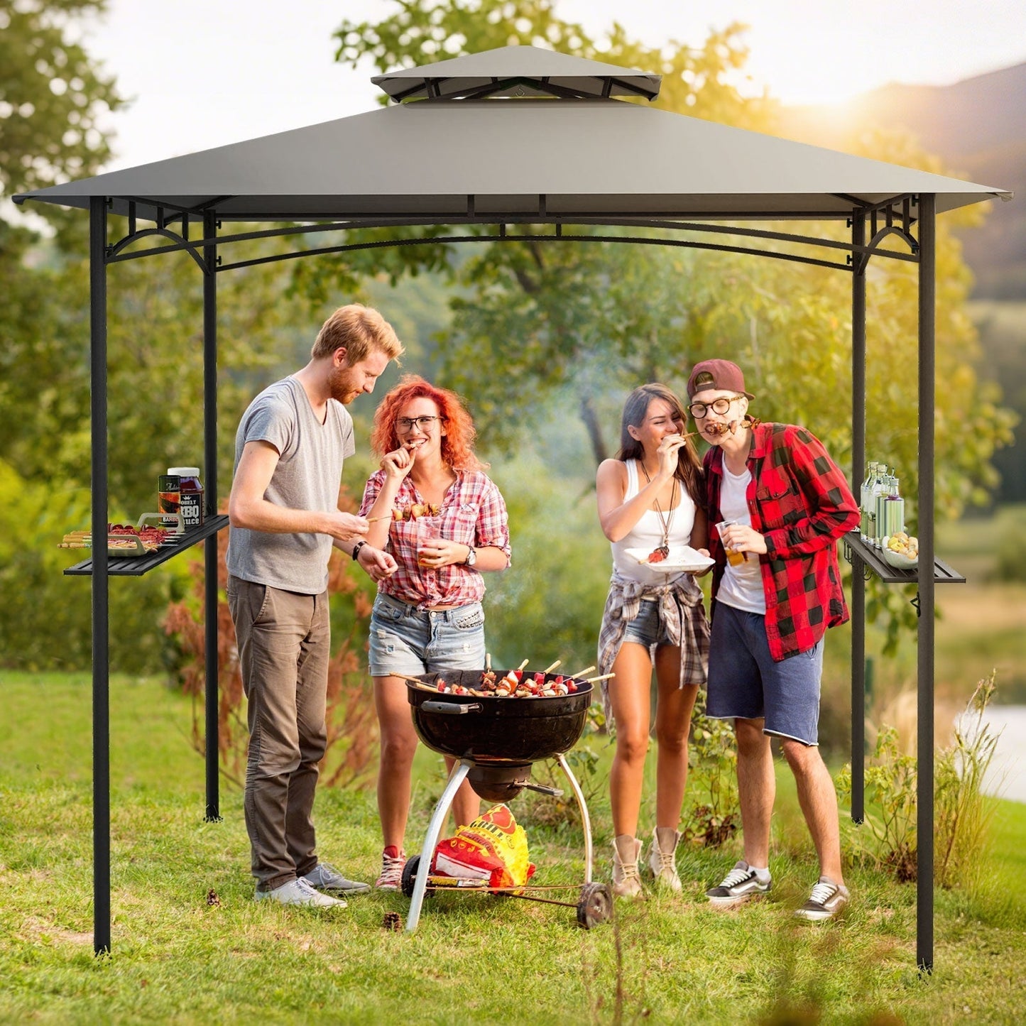242 x 150 cm Grill Gazebo with 2 Shelves and 6 Hooks-Grey