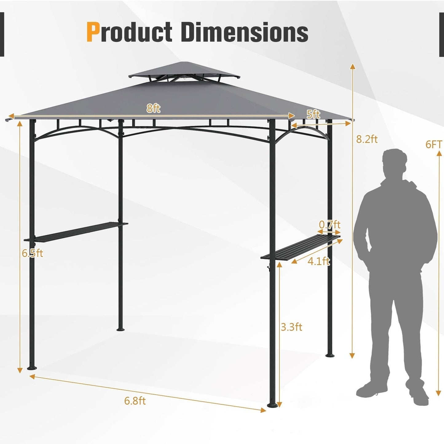 242 x 150 cm Grill Gazebo with 2 Shelves and 6 Hooks-Grey
