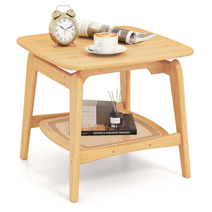 Boho Bamboo Sofa Side Table with Faux Rattan Storage Shelf-Natural