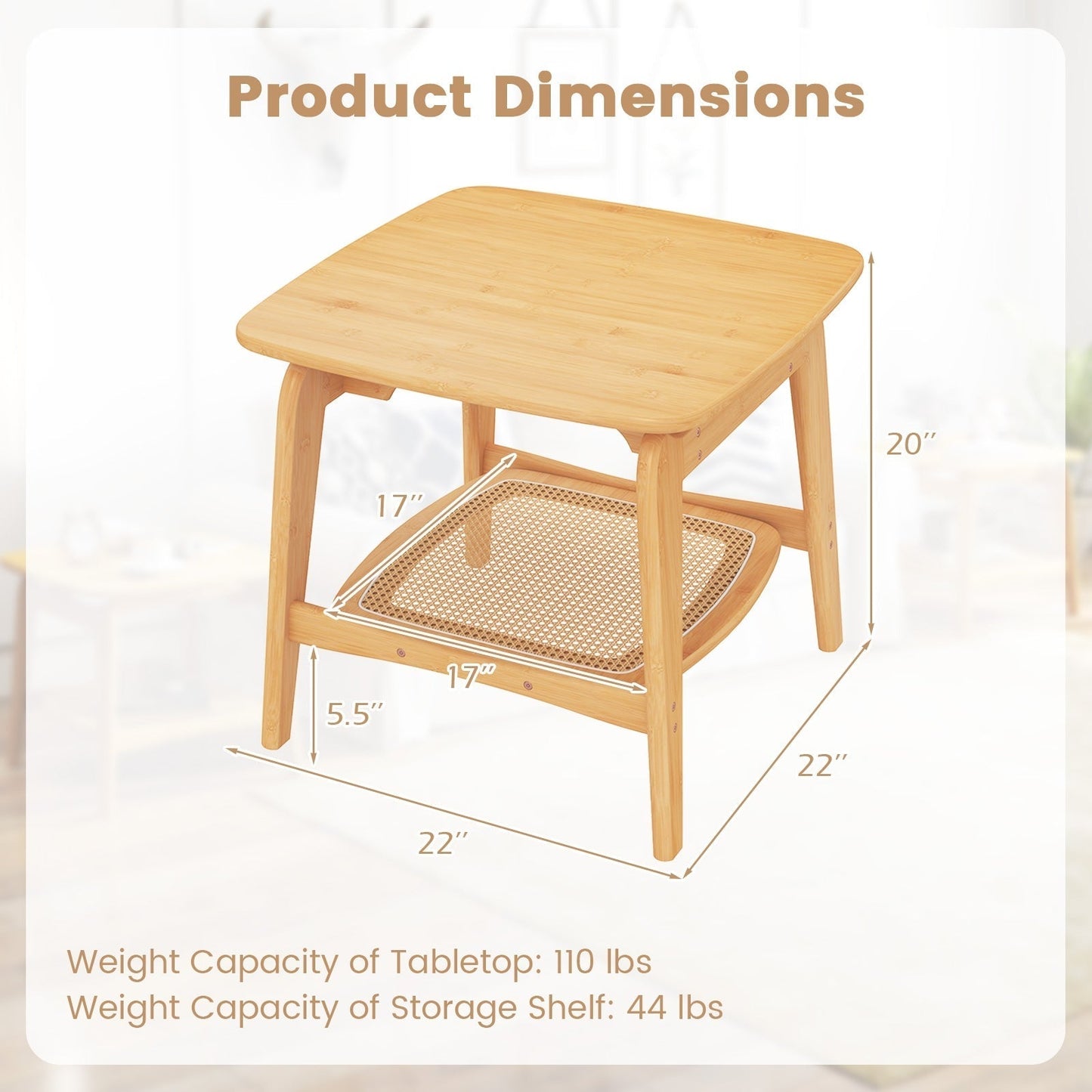 Boho Bamboo Sofa Side Table with Faux Rattan Storage Shelf-Natural