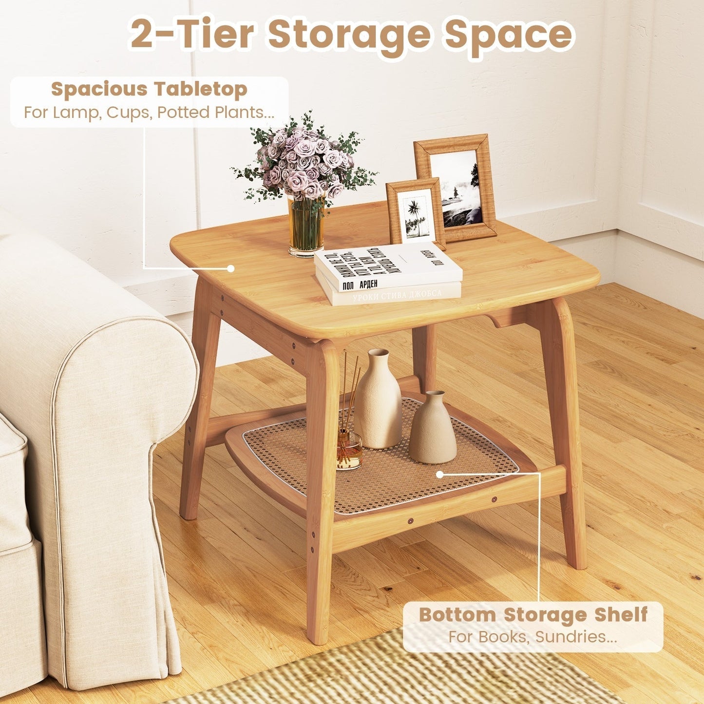 Boho Bamboo Sofa Side Table with Faux Rattan Storage Shelf-Natural