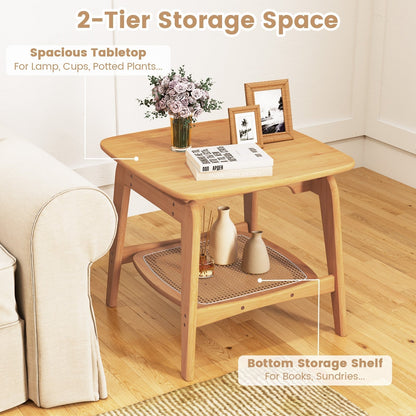 Boho Bamboo Sofa Side Table with Faux Rattan Storage Shelf-Natural