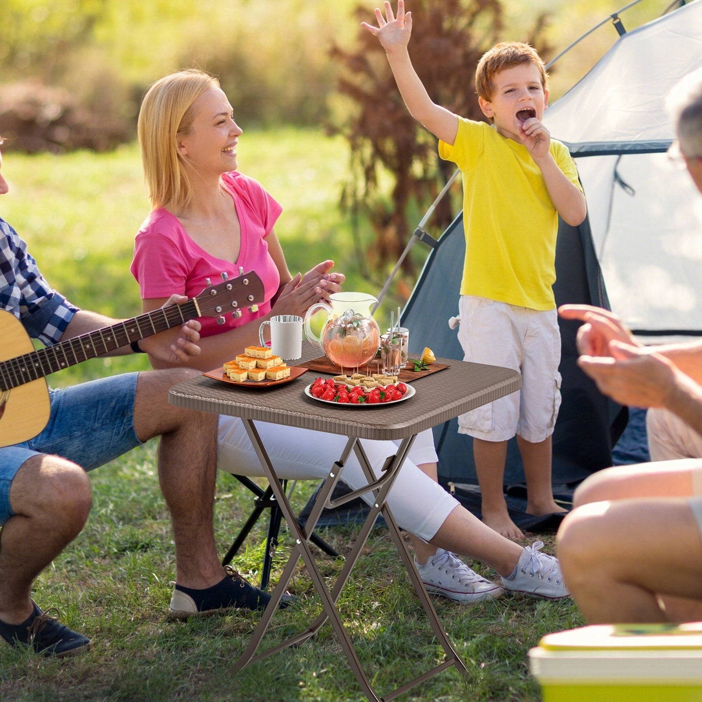 Folding Picnic Table with Rattan Grain HDPE Tabletop and Sturdy Metal Fame-Coffee