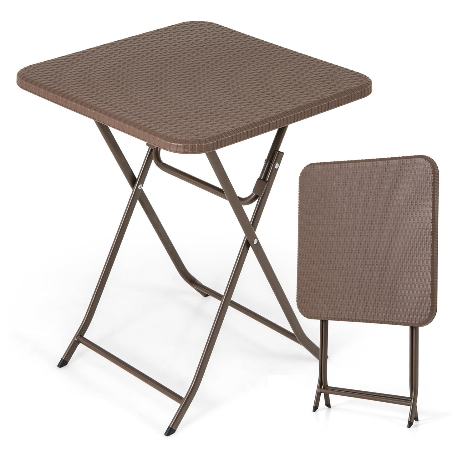 Folding Picnic Table with Rattan Grain HDPE Tabletop and Sturdy Metal Fame-Coffee