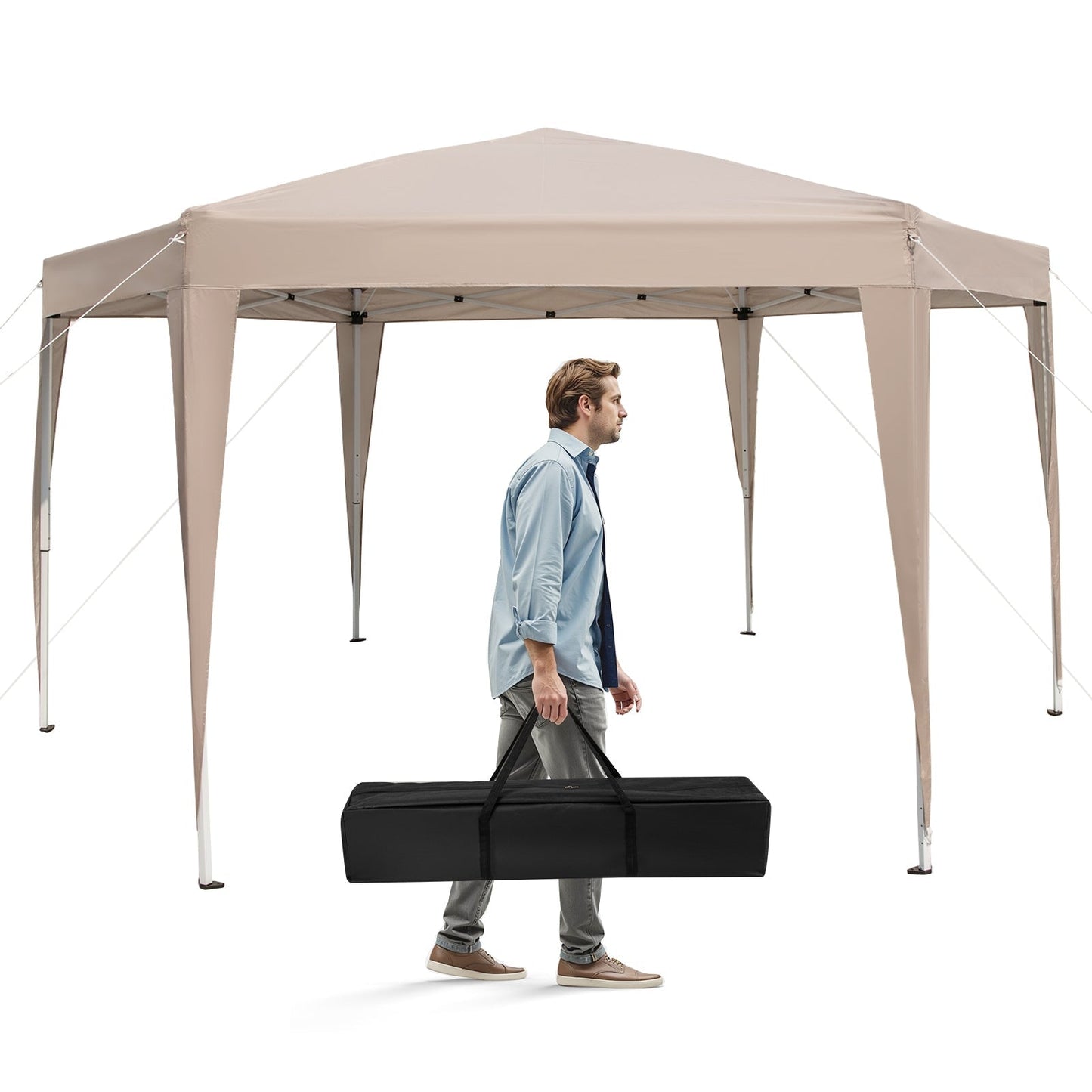 400 x 348 cm Height Adjustable Hexagonal Pop-Up Canopy Tent with Dressed Legs-Khaki