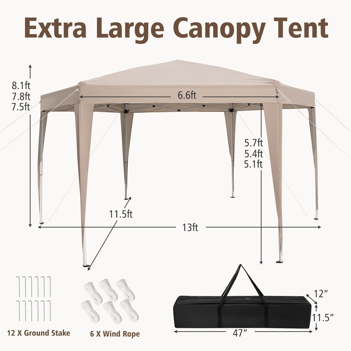 400 x 348 cm Height Adjustable Hexagonal Pop-Up Canopy Tent with Dressed Legs-Khaki