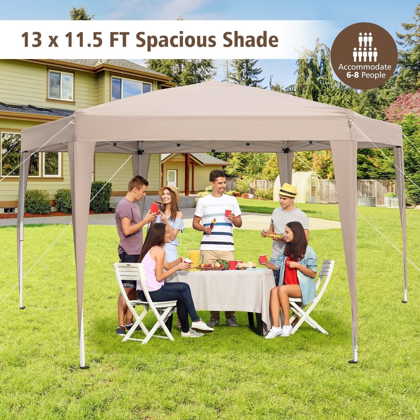 400 x 348 cm Height Adjustable Hexagonal Pop-Up Canopy Tent with Dressed Legs-Khaki