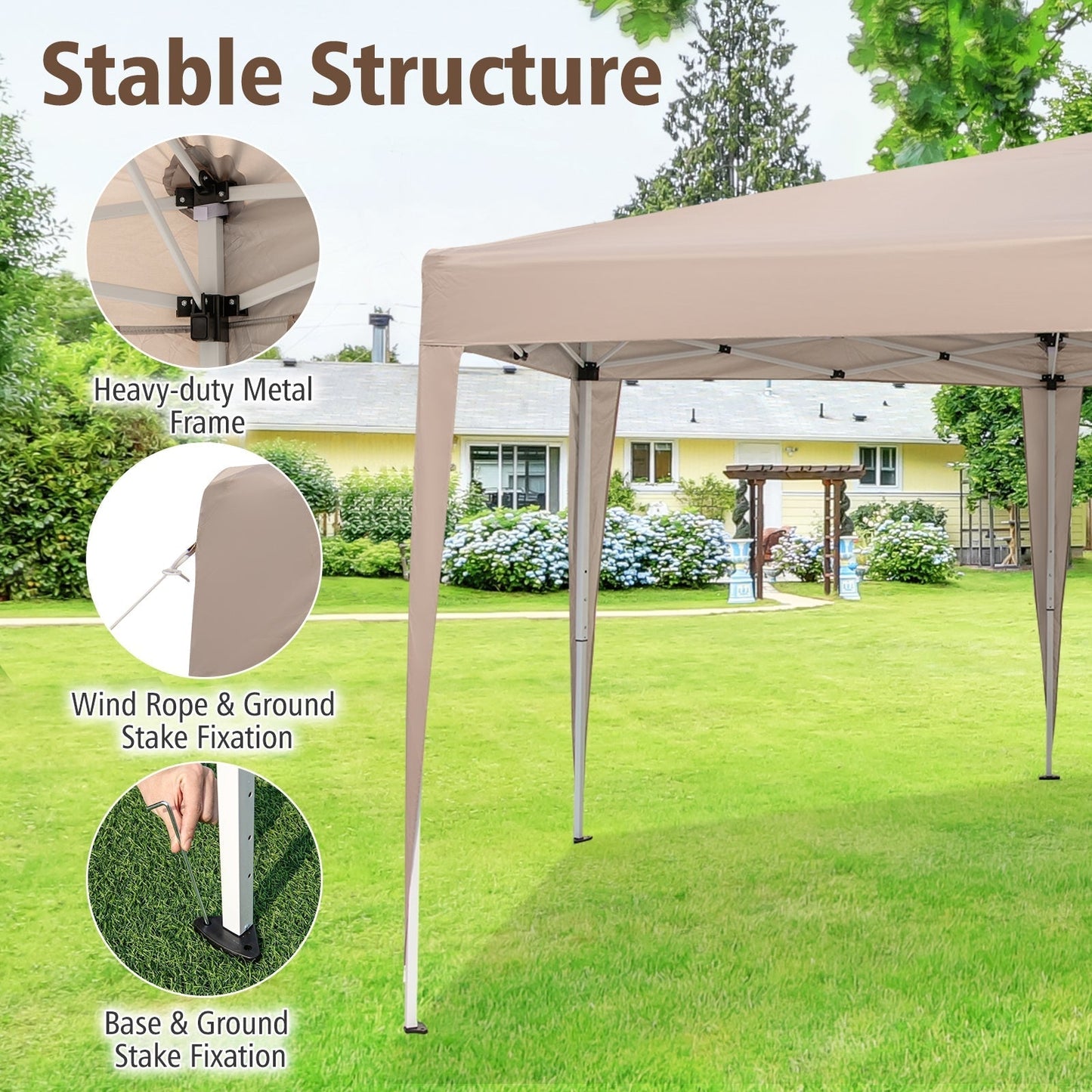 400 x 348 cm Height Adjustable Hexagonal Pop-Up Canopy Tent with Dressed Legs-Khaki