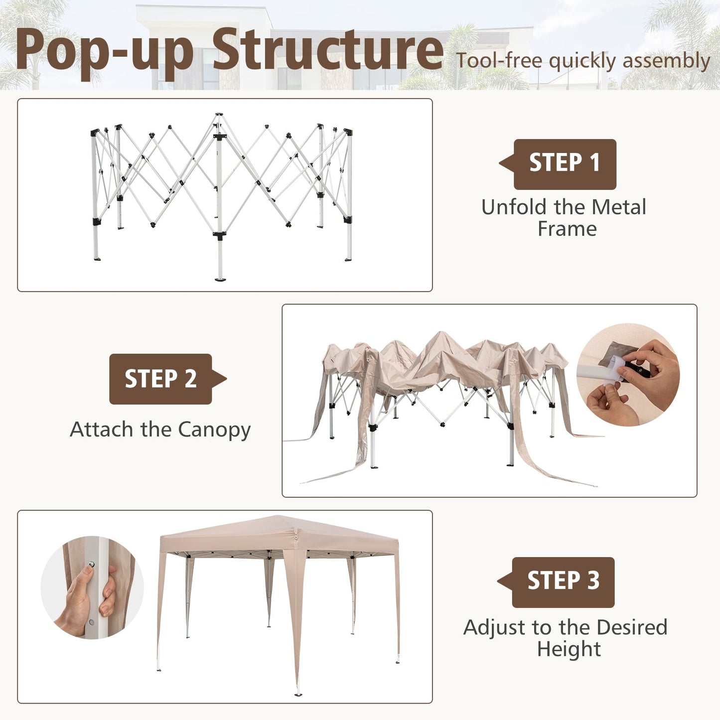 400 x 348 cm Height Adjustable Hexagonal Pop-Up Canopy Tent with Dressed Legs-Khaki
