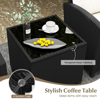 3 Pieces Patio Furniture Set with Tempered Glass Coffee Table-White