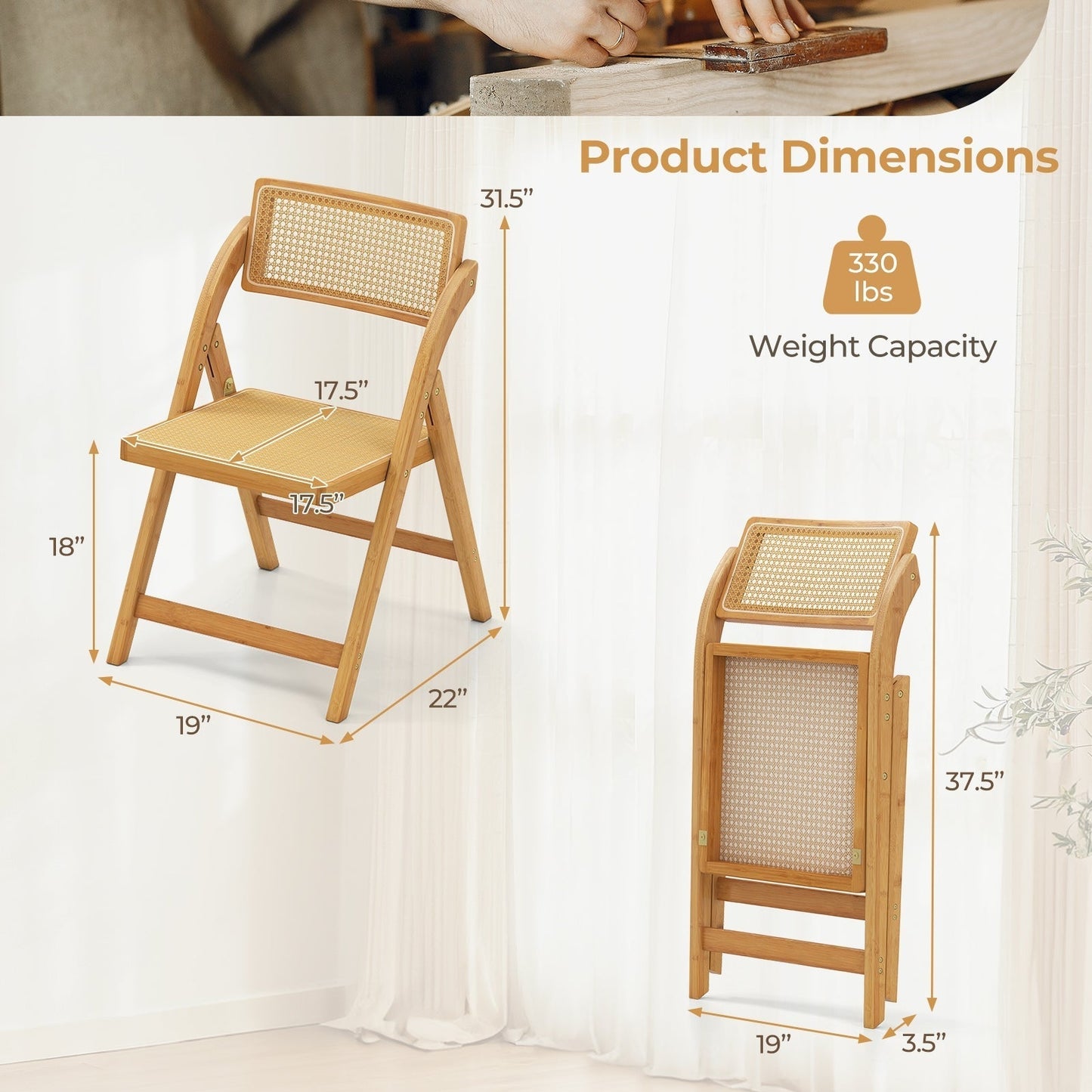 Boho Accent Rattan Cane Folding Chairs Set of 2 Bamboo Dining Chairs-Natural