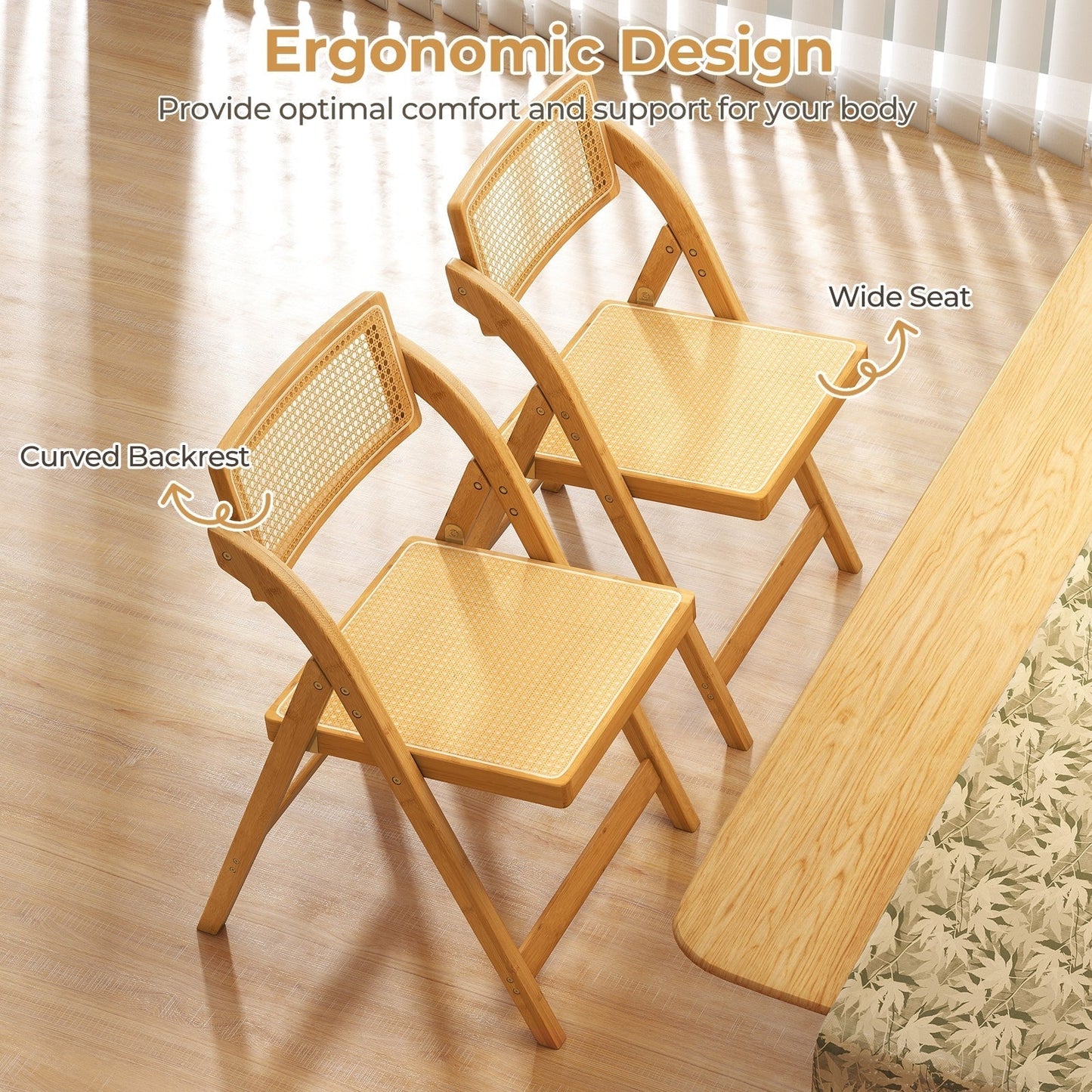 Boho Accent Rattan Cane Folding Chairs Set of 2 Bamboo Dining Chairs-Natural