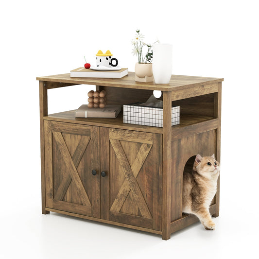 Cat Litter Box Enclosure with Double Barn Doors, Divider, Side Entry and Storage Shelf