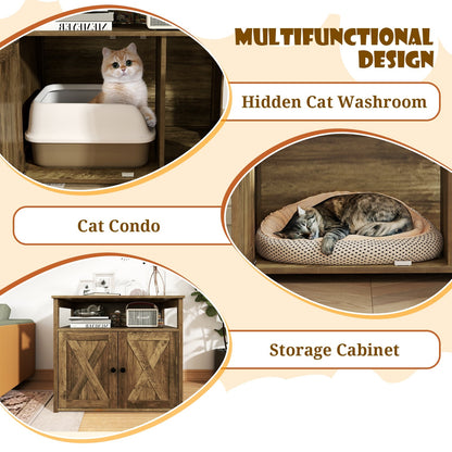 Cat Litter Box Enclosure with Double Barn Doors, Divider, Side Entry and Storage Shelf