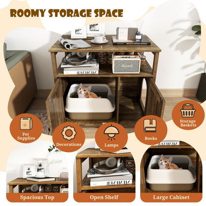 Cat Litter Box Enclosure with Double Barn Doors, Divider, Side Entry and Storage Shelf