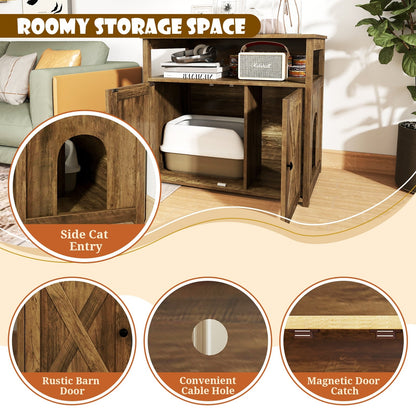 Cat Litter Box Enclosure with Double Barn Doors, Divider, Side Entry and Storage Shelf