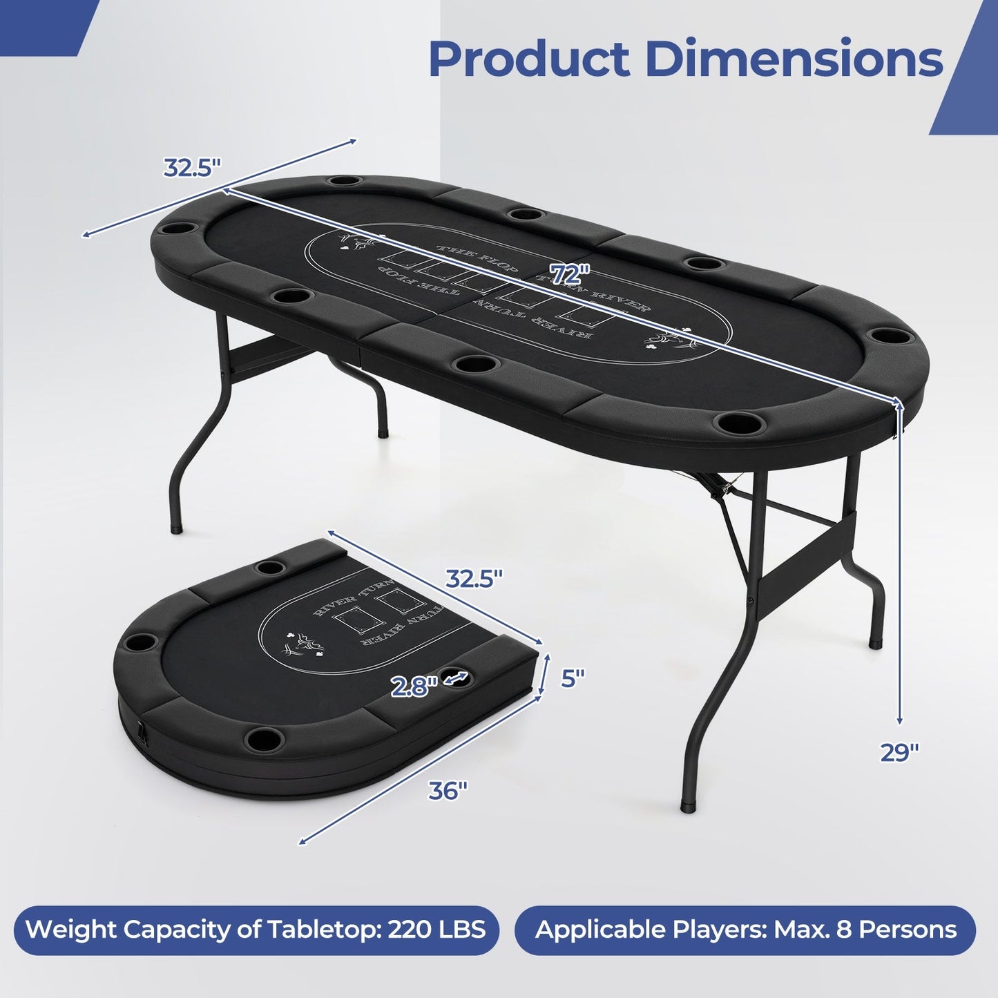 1.8m Foldable Poker Table for Blackjack Texas Hold’em Casino Leisure Game-Blue
