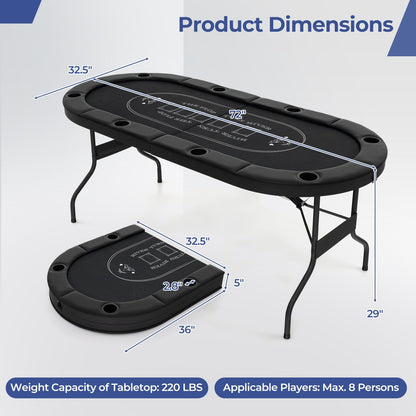 1.8m Foldable Poker Table for Blackjack Texas Hold’em Casino Leisure Game-Blue