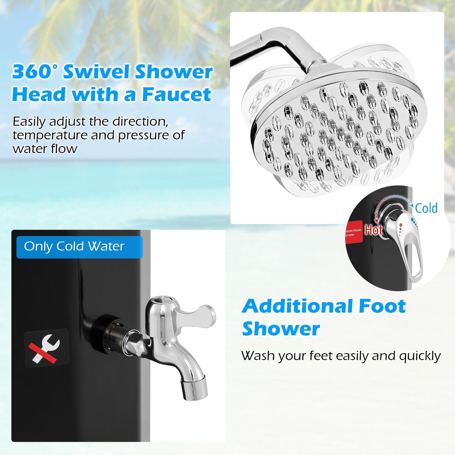 7.5 Feet 15.9 Gallon Solar Heated Outdoor Shower with Shower Head-Black