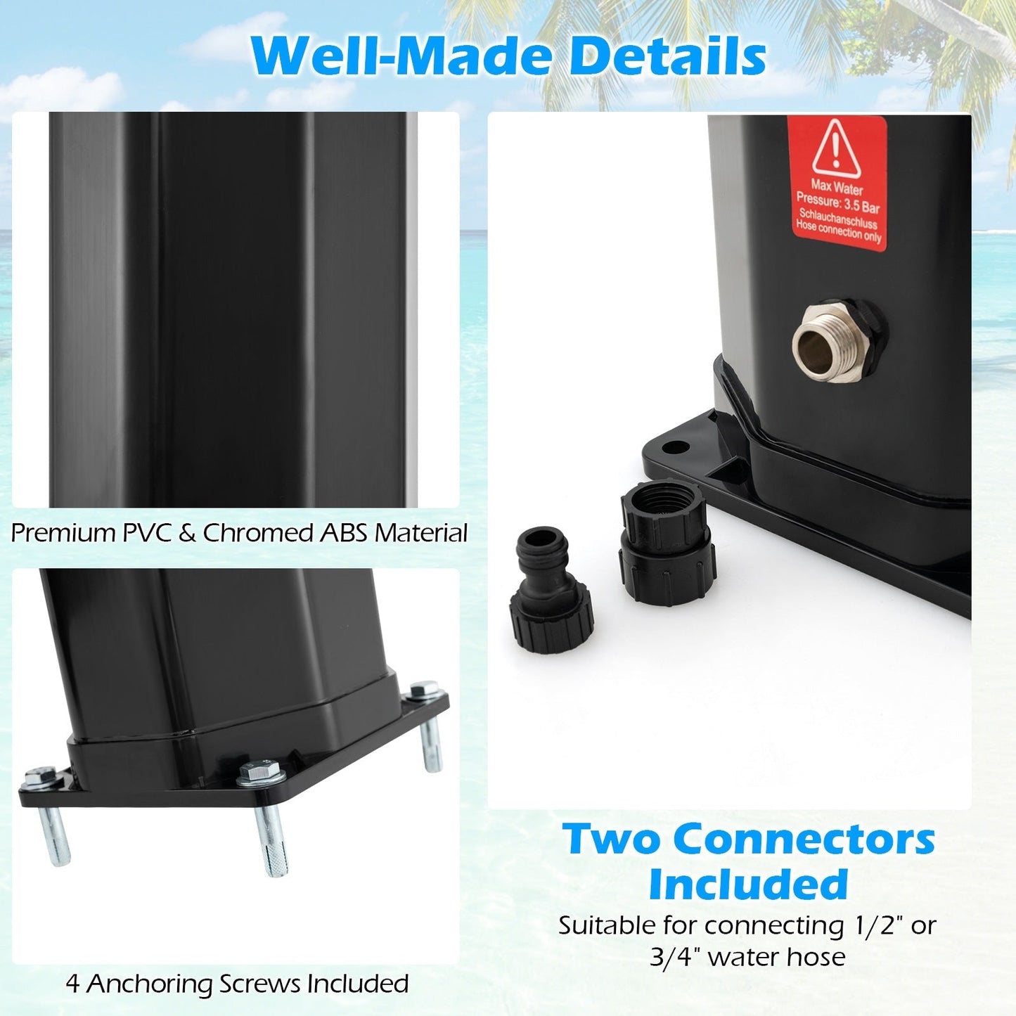 7.5 Feet 15.9 Gallon Solar Heated Outdoor Shower with Shower Head-Black