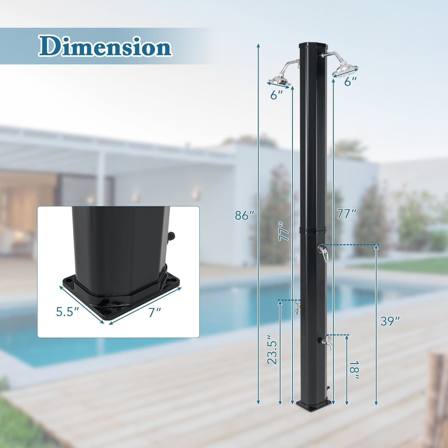 9.3 Gallon Solar Heated Outdoor Shower with Dual Shower Heads-Black