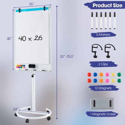 100 cm x 65 cm Height-Adjustable Magnetic Whiteboard on Wheels-White