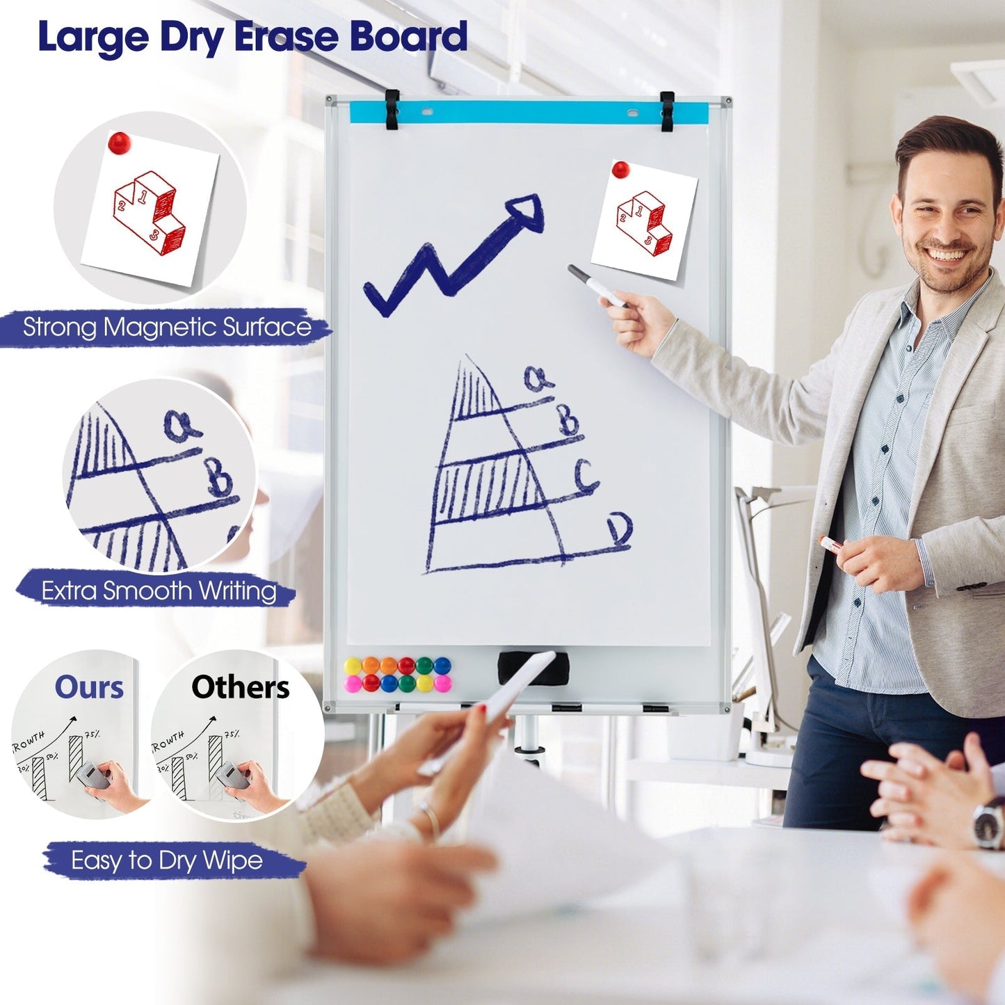 100 cm x 65 cm Height-Adjustable Magnetic Whiteboard on Wheels-White