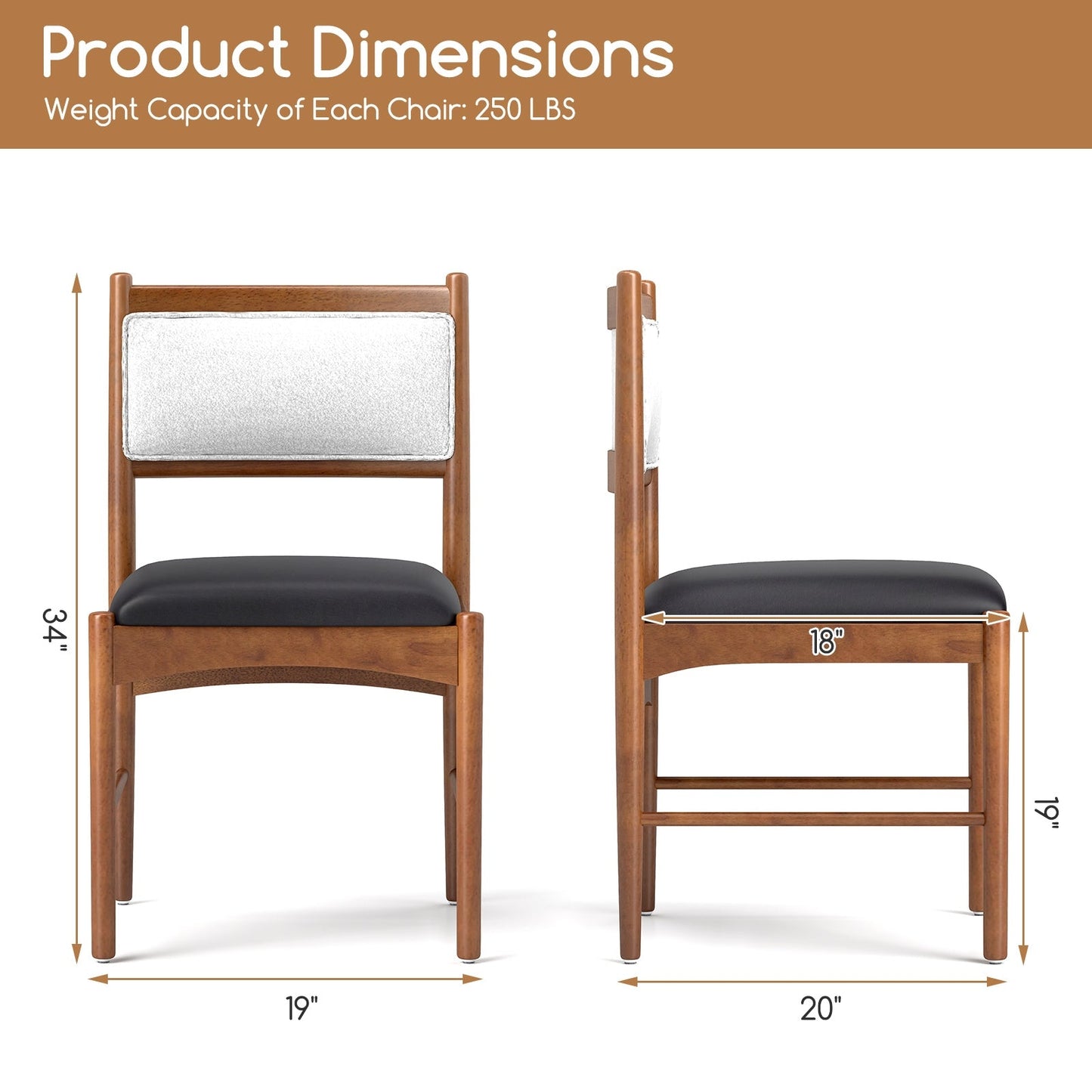 Wooden Dining Chair Set of 2 with Rubber Wood Frame and Faux Sherpa Backrest-Walnut