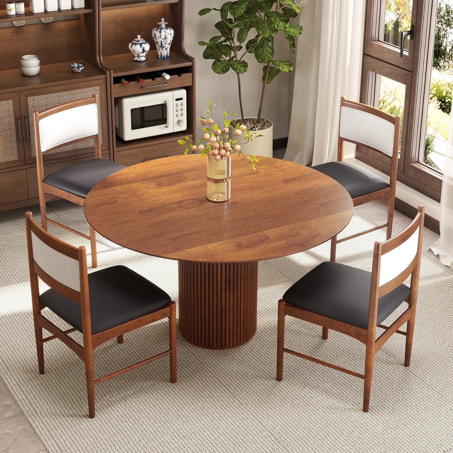 Wooden Dining Chair Set of 2 with Rubber Wood Frame and Faux Sherpa Backrest-Walnut