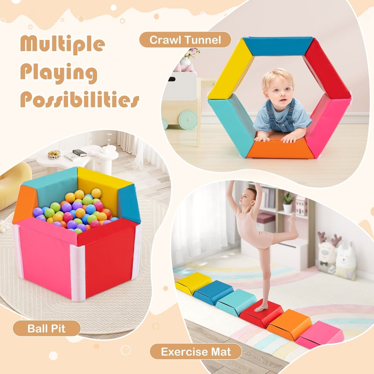 Colorful Hexagon Ball Pit for Kids Tumble Mat with Detachable PU Covers-Colourful